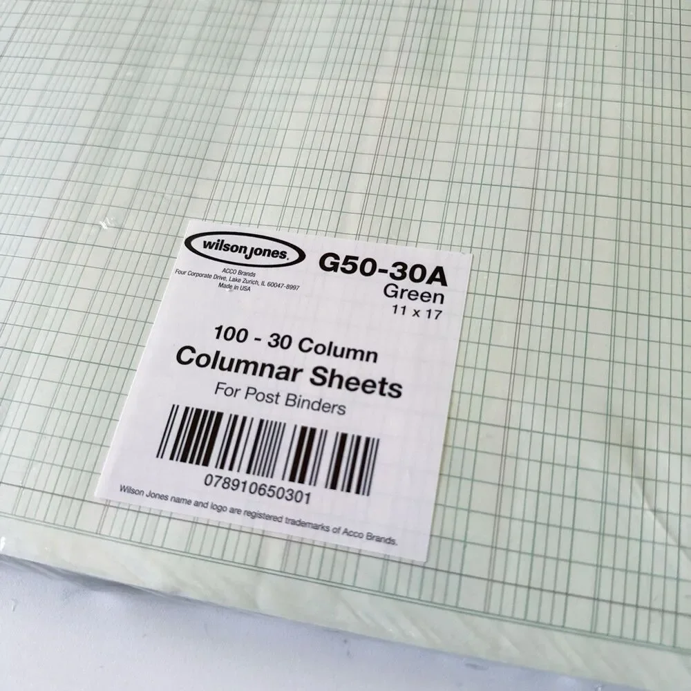 Wilson Jones G5030 Accounting Sheets, 30 Columns, 11 x 11 x 17 inches, Green NEW